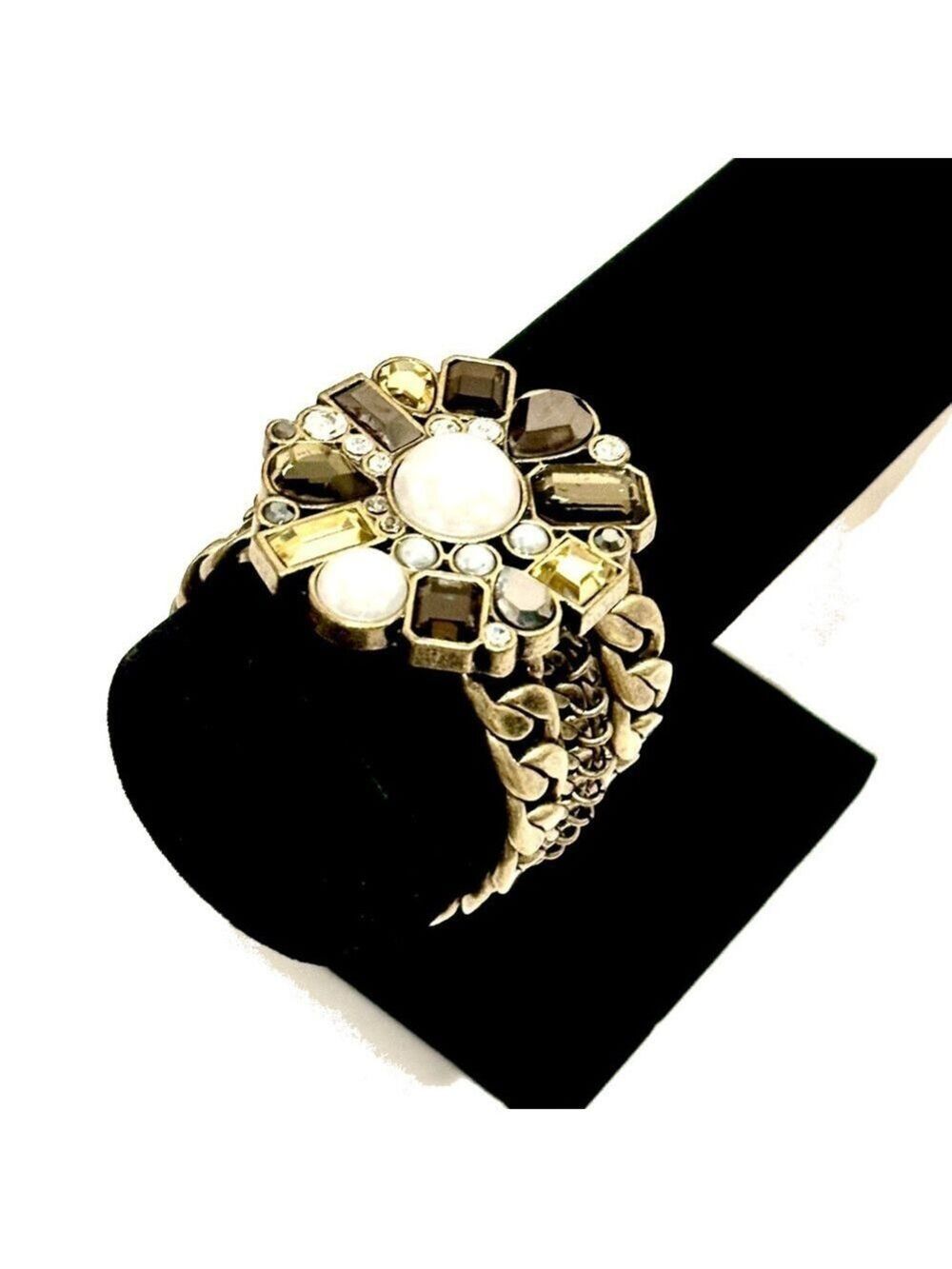Lia Sophia Brass Crystal Pearl Flower Bangle Bracelet NWT